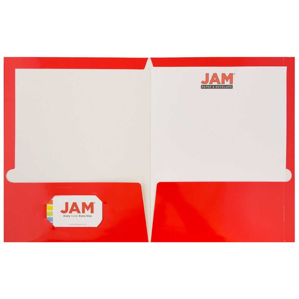 JAM Paper Laminated Two Pocket Glossy Folders, Red, Bulk 100/Box