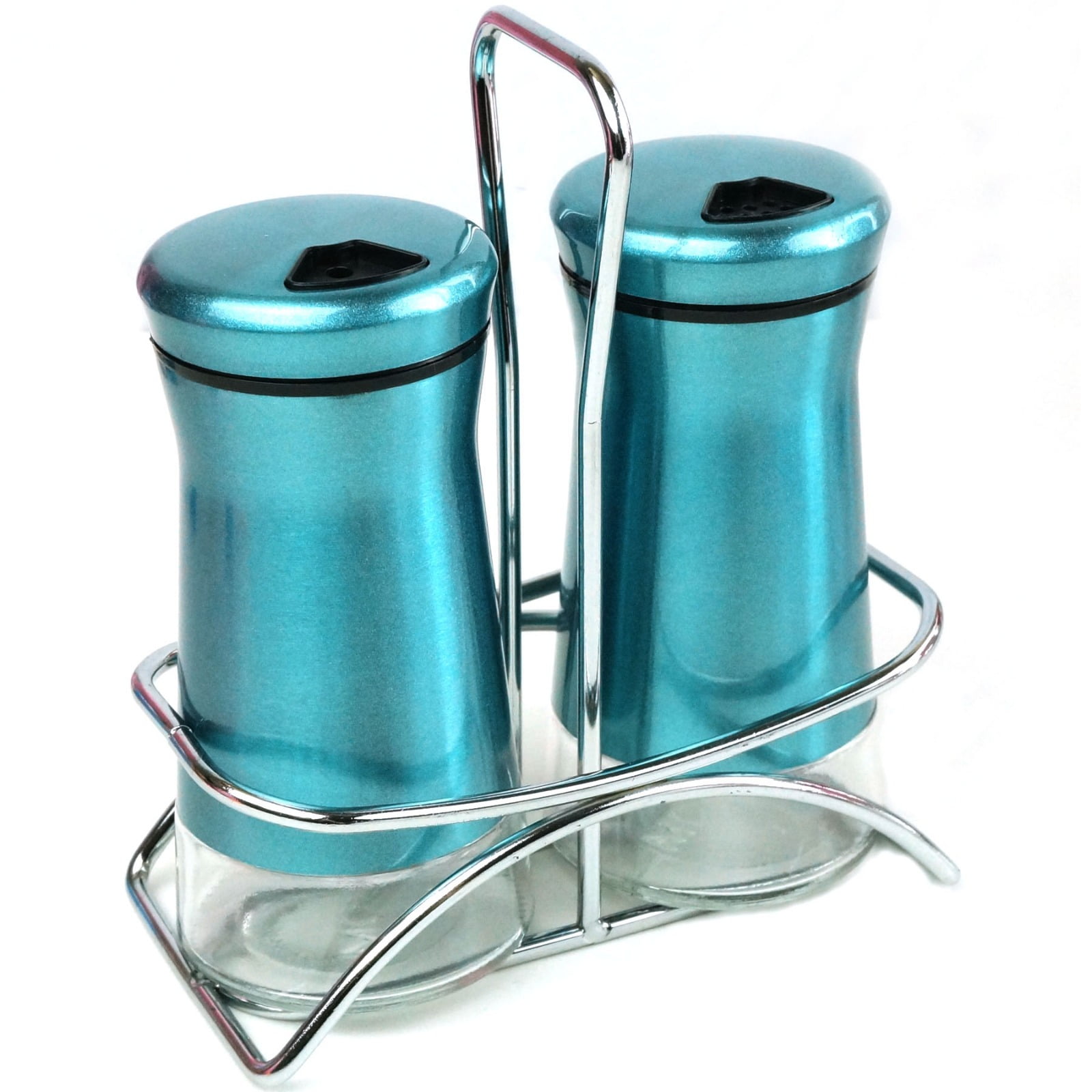 Pepper & Salt Shakers Stainless Steel Cover Glass Bottom Wire Stand