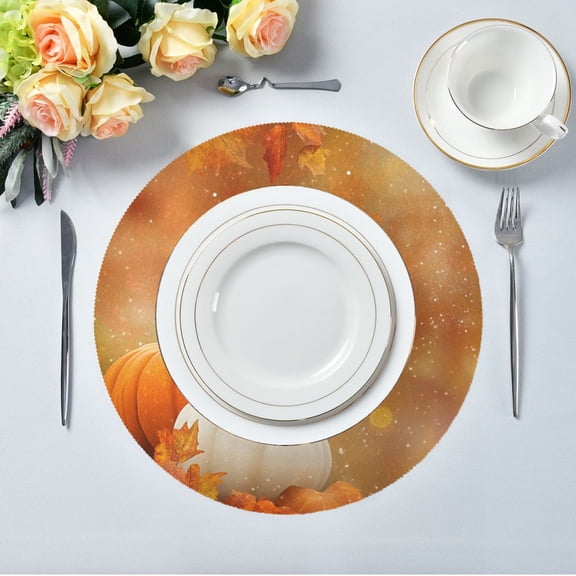 15.4" Round Placemat Set of 1 Polyester Fabric Place Mats Non-Slip Dining Kitchen Table Mats for Kitchen Party Decor Background with Pumpkins and Leaves