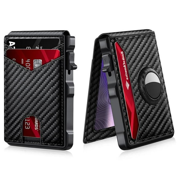 Men's Minimalist Bifold Wallet with AirTag Slot & RFID - Pop-Up Holder (12 Cards Cash), Carbon Fiber - Gift (AirTag Not Included) wallet men