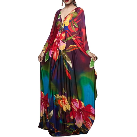 EDOLYNSA Maxi Kaftan Dresses for Women Moroccan Caftans With Batwing Sleeve Printed Lounge Dress