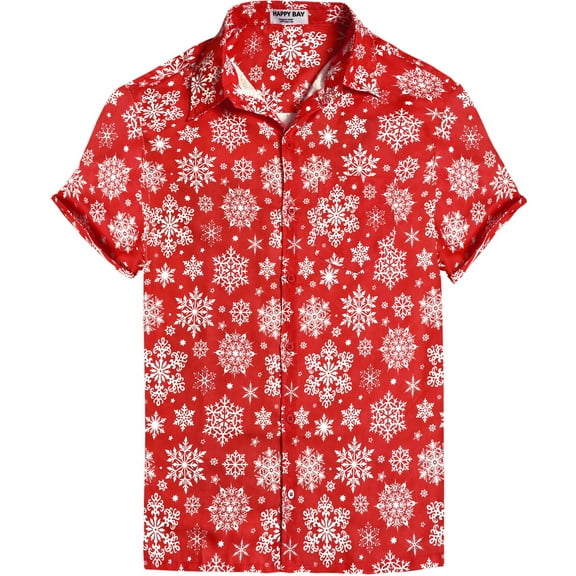 LA LEELA Men's Christmas Tree Hawaiian Shirts Short Sleeve Button Down Shirt Mens Shirts Vacation Aloha Party Shirts for Men XXL Red Snow Flakes