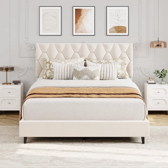Kicctian Beige Queen Bed Frame with Upholstered Headboard, Heavy-Duty Platform Bed with Strong Wood Slats, No Box Spring Needed, Noise Free, Easy Assembly