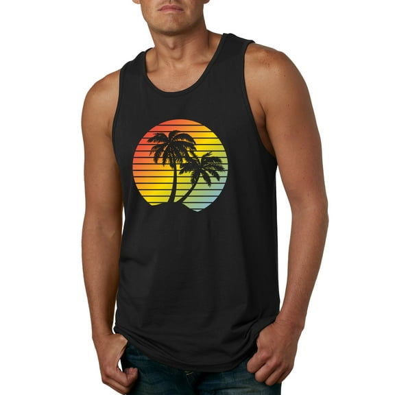 Wild Bobby, Two Coconut Palm Trees Beach Sunset | Mens Pop Culture Graphic Tank Top, Black, Small