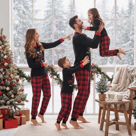 Family Matching Christmas Pajamas Set Antlers Letter Tops Plaid Pants Holiday Pajamas Sleepwear