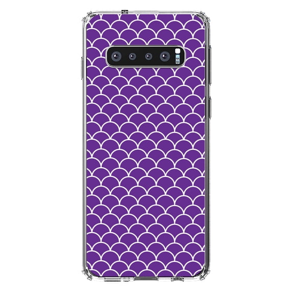 DistinctInk Clear Shockproof Hybrid Case for Samsung Galaxy S10 (6.1" Screen) - TPU Bumper, Acrylic Back, Tempered Glass Screen Protector - Purple White Scalloped Pattern