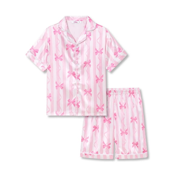 Tebbis Satin Pajamas for Girls-Cute Pink Silky Short-Sleeved Set with Charming Pink Bow & Striped Print Size 12
