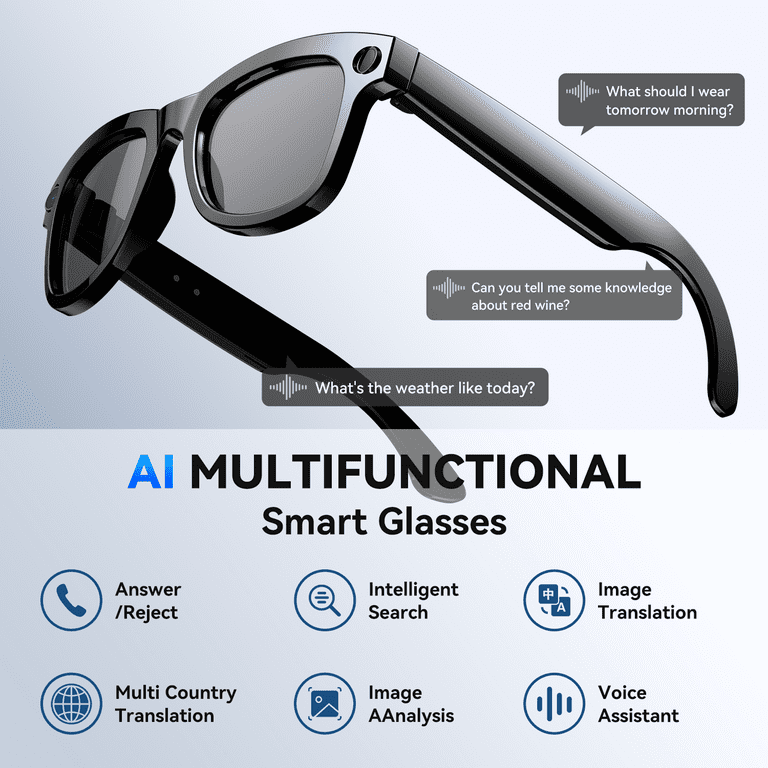 AI Translation Smart Glasses, 1200W Ultra-Wide Angle Camera Smart