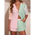 thumbnail image 5 of Women'S 2 Piece Casual Tracksuit Sets Stripe Long Sleeve Shirt and Loose High Waisted Mini Shorts Set Pink Green S, 5 of 8