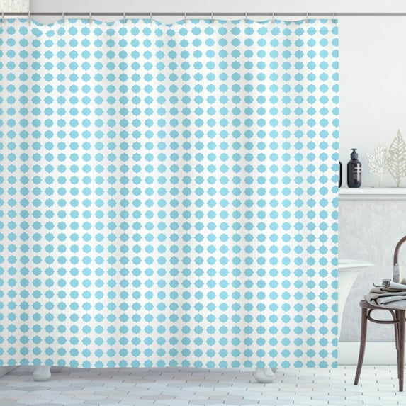 Quatrefoil Shower Curtain, Pastel Monochromatic Pattern with Lovely Grid Classic Shape Print, Fabric Bathroom Set with Hooks, 69W X 70L Inches, Pale Sky Blue and White, by Ambesonne