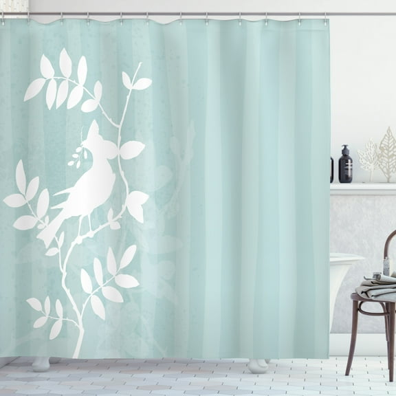 Ambesonne Nature Shower Curtain, Bird Silhouette on Tree, 69"Wx75"L, Turquoise White