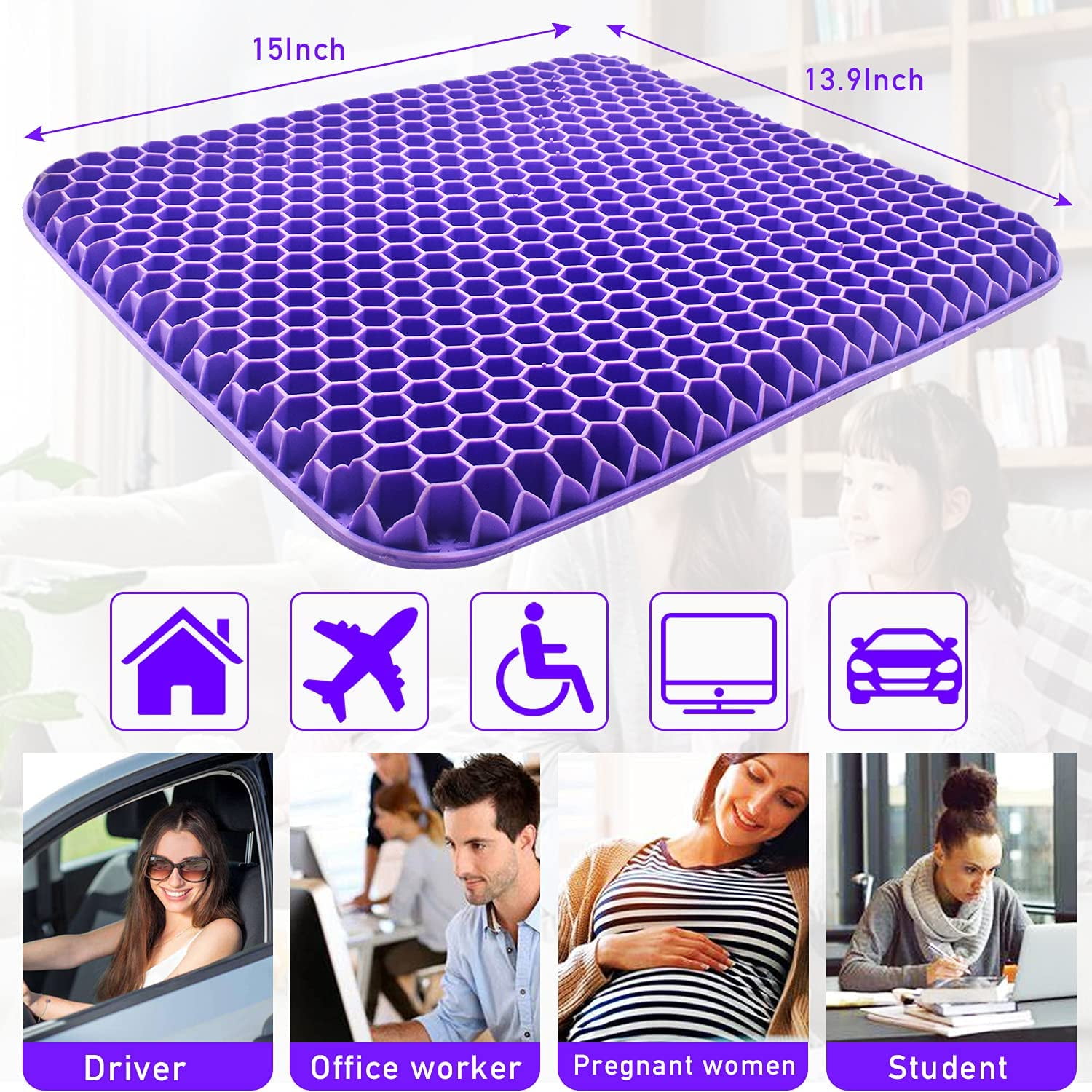 LYUANEC Gel Seat Cushion 19.5 Inch Jumbo, 1.85 Inch Double Thicken Layer,  Relief Tailbone Pressure, Breathable Honeycomb Design Gel Cushion with