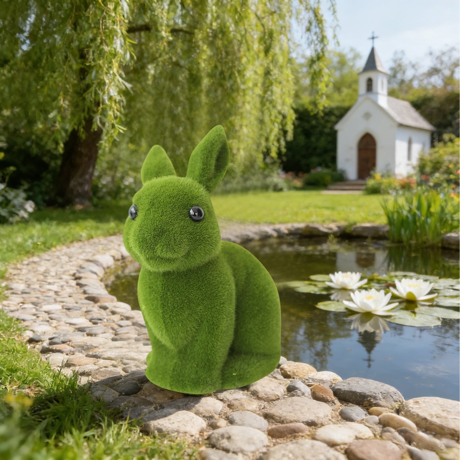 Easter Bunny Decoration, Artificial Moss Green Flocking Rabbit Sculpture for Garden, Spring Easter Party Decor, Home Table Decoration, Family Gathering Gift & Baking Centerpiece Ornament