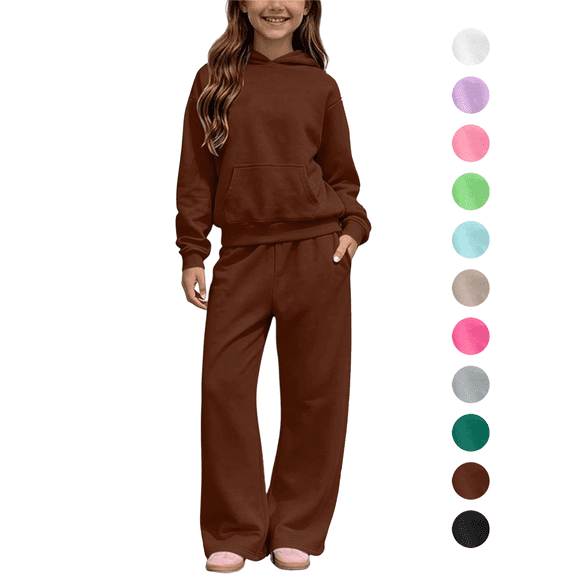 Kids 2 Piece Lounge Sets Solid Color Fleece Lined Sweatsuits Long Sleeve Hoodie and Wide Leg Sweatpants for Girls Boys Fall Winter Outfits