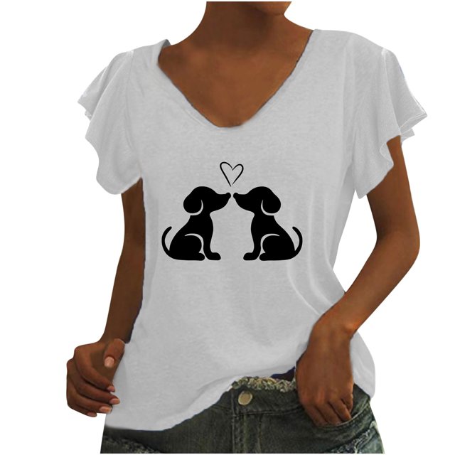 Blusa de camiseta informal con estampado de manga corta y cuello en V de verano para mujer a la moda Fridja ghk7154