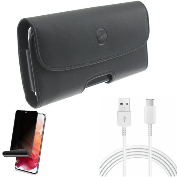 Case Belt Clip w 10ft USB-C Cable w Privacy Screen Protector for Samsung Galaxy S21 Plus - Leather Holster, Type-C Charger Cord, TPU Film Fingerprint Works Accessory Bundle