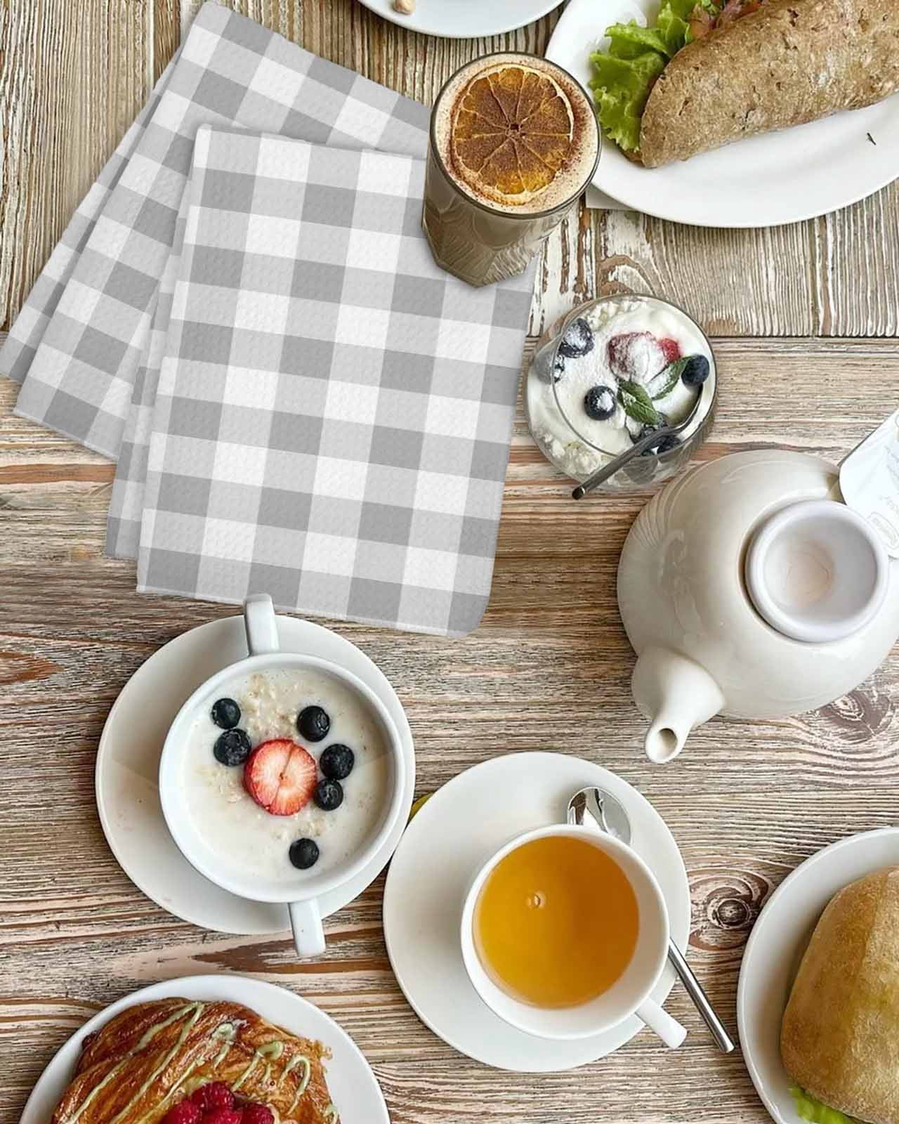 Grey Plaid Kitchen Dish Towels for Drying Dishes Set of 2, Gradient Geometric Buffalo White Checkered Waffle Weave Microfiber Hand Tea Bathroom Towels Quick Dry & Absorbent Towel 15.7x23.6