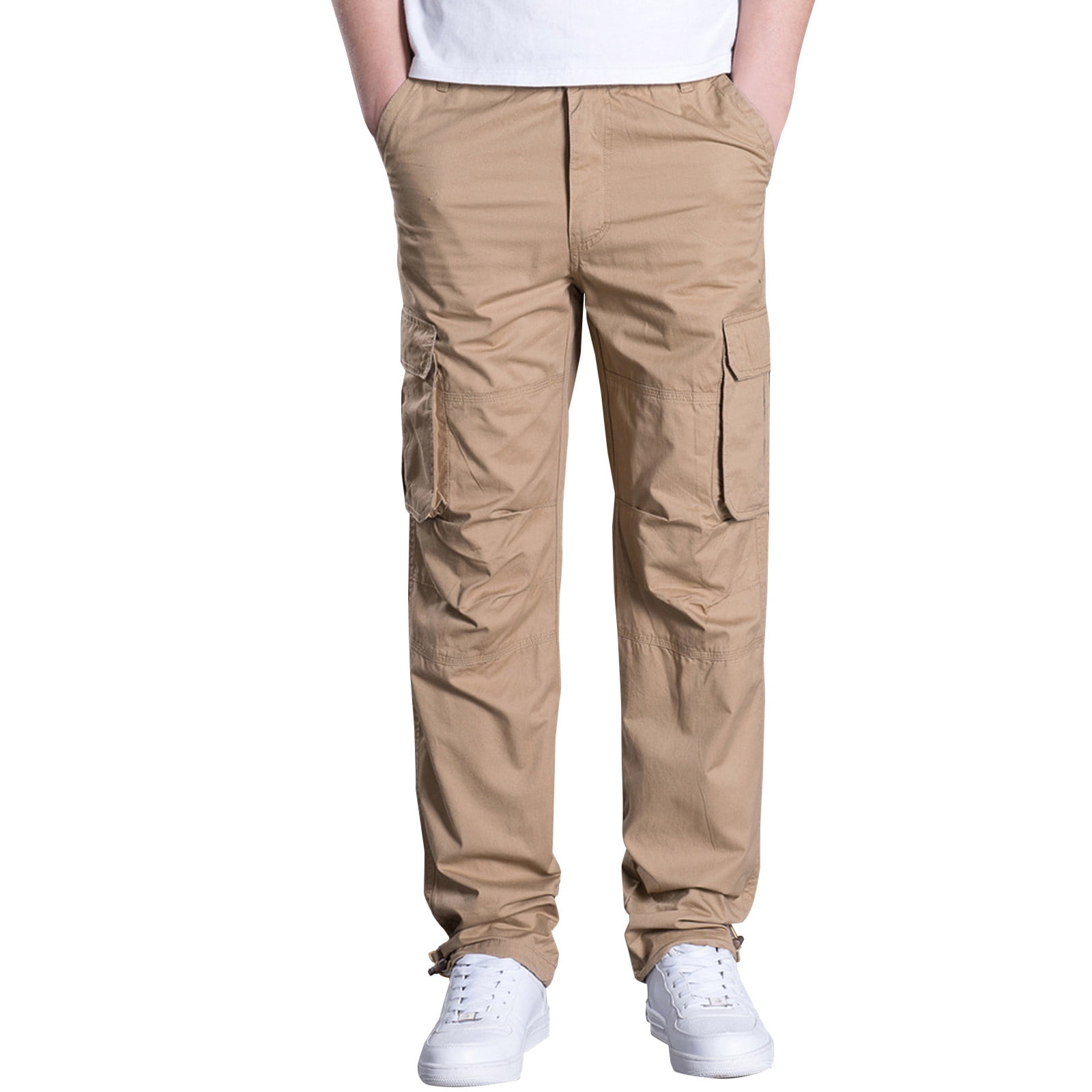 HTNBO Men Cotton Pure Cargo Pants with Pockets Straight Leg Trousers  Crochet Pants End-of-season Clearance