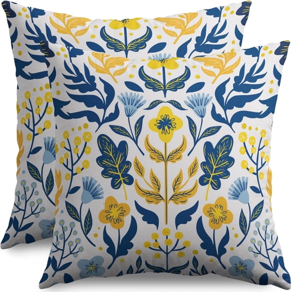 Navy Blue Yellow Floral Pillow Covers 18x18 Set of 2 Summer Light Blue Flower Leaves Block Print Decorative Throw Pillow Cases Outdoor Farmhouse Decoration for Sofa Couch Bed