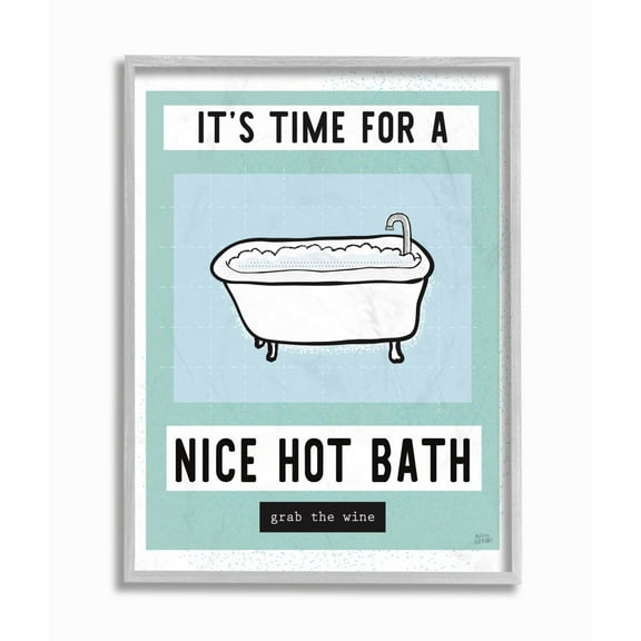 Stupell Industries Hot Bath and Wine Phrase Funny Blue Green Word Design Framed Wall Art Design by Melissa Averinos, 16" x 20", Gray Framed