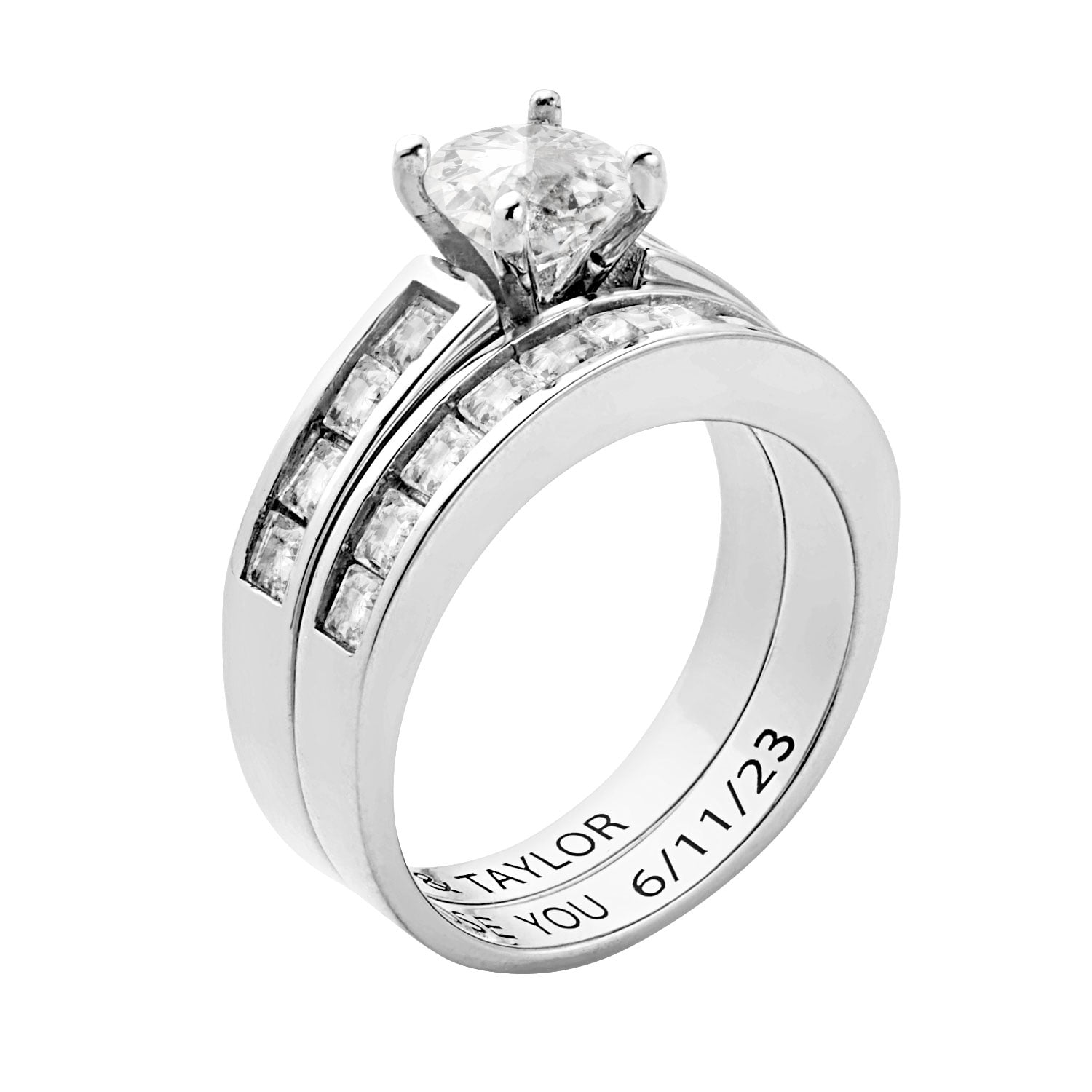 Vow & Forever Personalized Planet Bridal Platinum over Sterling Silver Brilliant White Topaz 2 Piece Engraved Wedding Set ,Women's