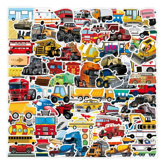 Transportation Vehicle Truck Stickers for Kids Boys 100 Pack, Party Favors and Supplies, (Construction truck, Airplane, Train, Helicopter, Car, Boat, Motorcycle, Tractor, School Bus, Firetruck, Rocket