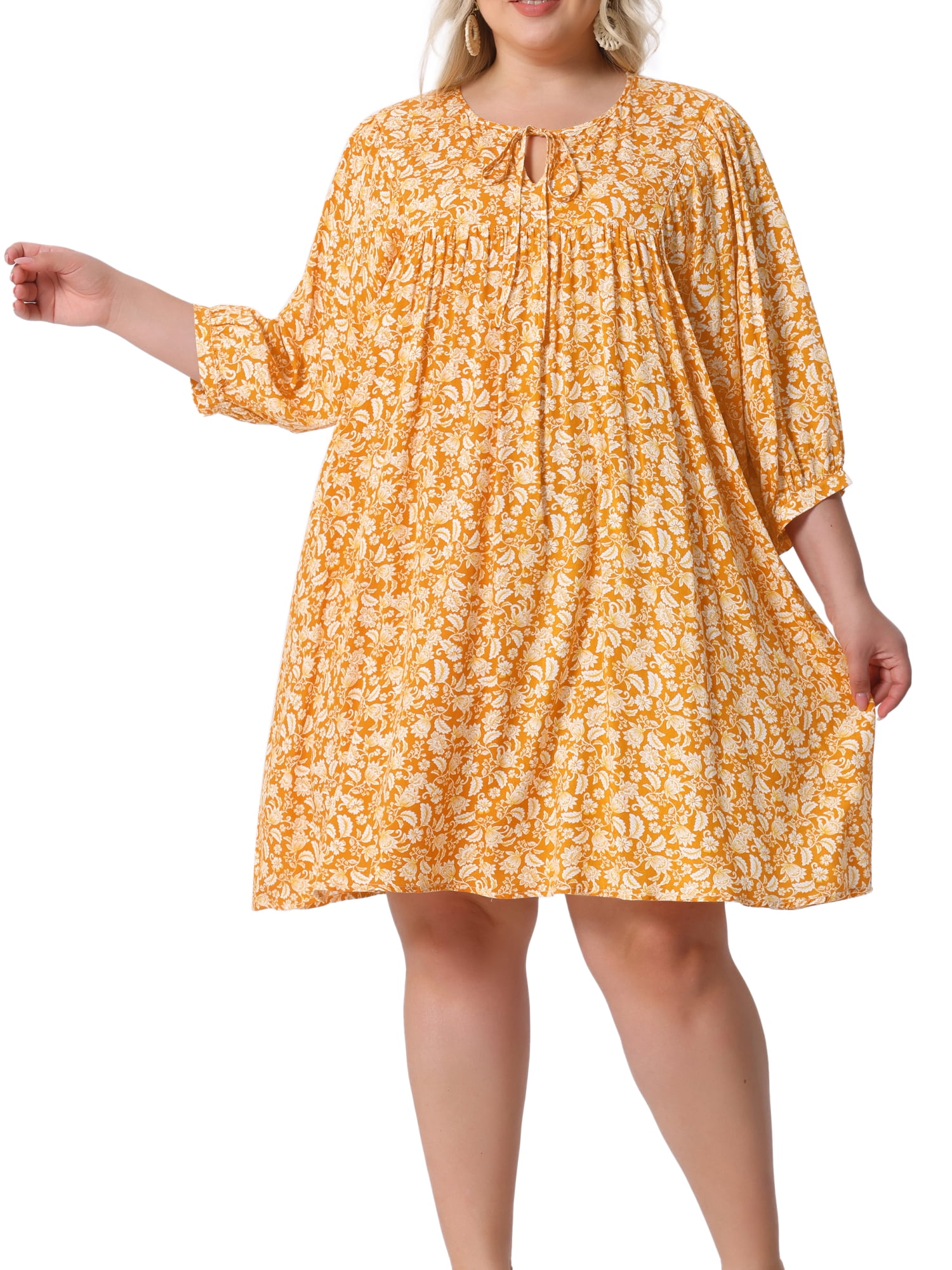 DARING DIVA Women's Plus Size Drawstring V Neck Babydoll Midi Flowy Dress 2X Orange