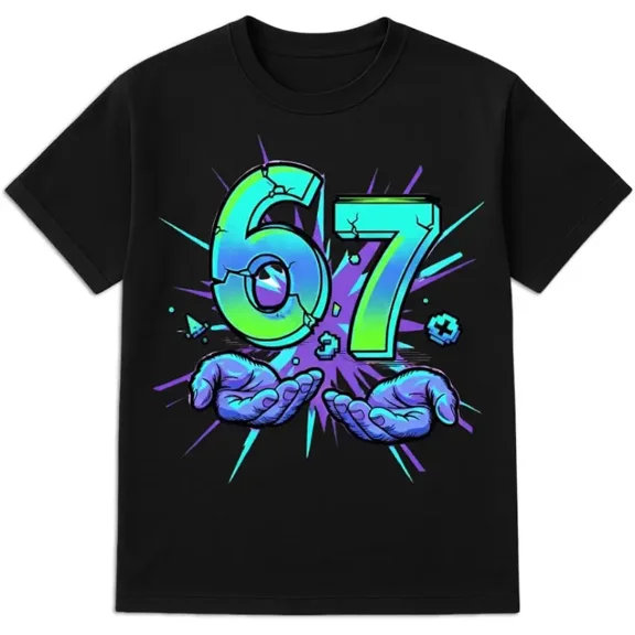Funny 67 Meme T-Shirt – Cracked Neon 67 with Blue Hands Explosion Graphic