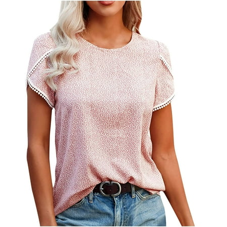 

Bospose Women O-Neck Shirt Short Sleeve Crop Top Corset Top Lace Top Pink Top Fashion Women Casual Print Pullovers Short Blouse T-Shirt Tops Lady Splicing T-Shirt Top S