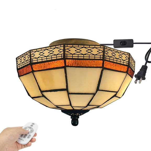 Kiven 9.84in Plug-in Flush Mount Ceiling Light Fixture, 2-Light Anti Glare Close to Ceiling Light with 15FT Cord, Tiffany-Style Glass Chandelier Dimmable for Bedroom Kitchen Hallway(No.3229)