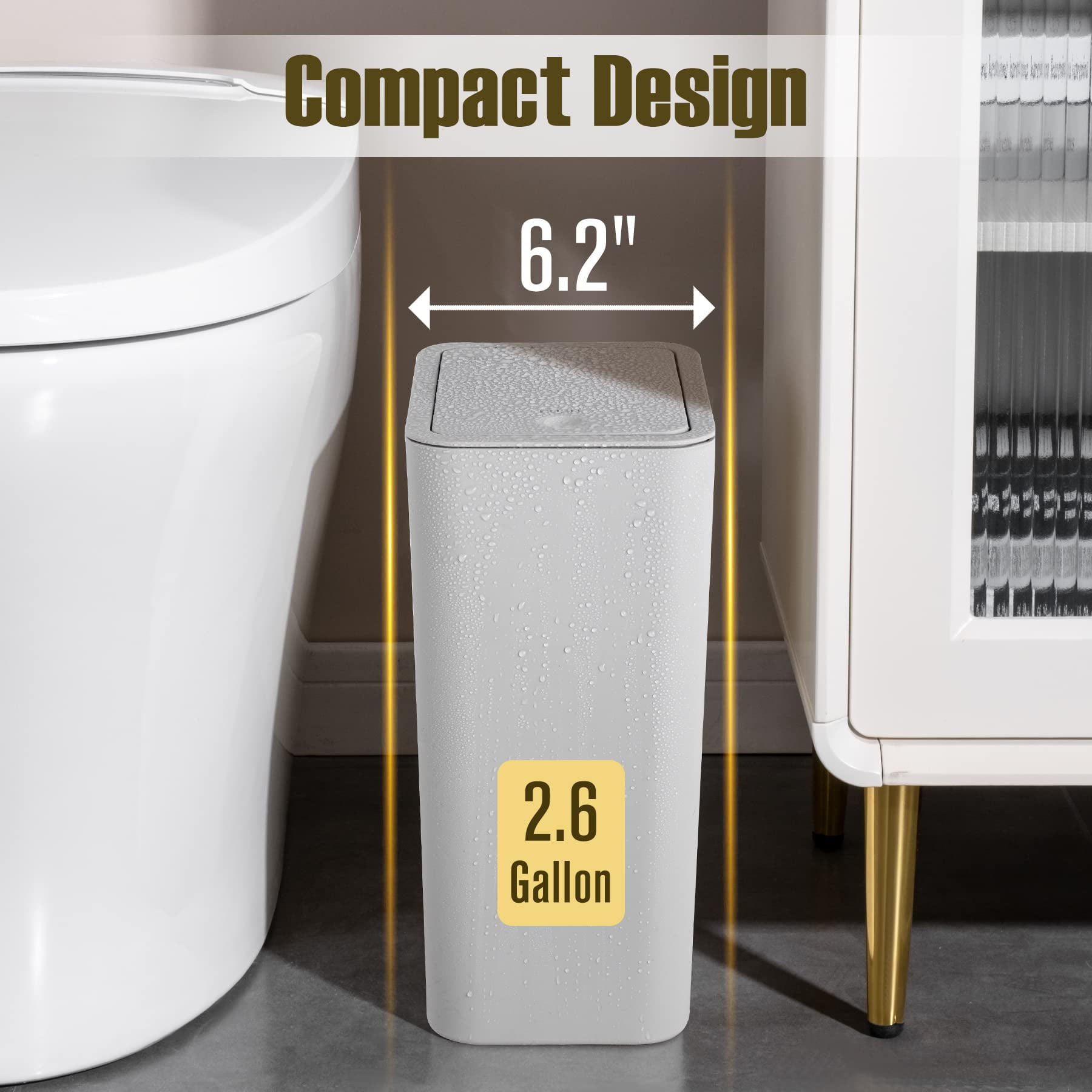 TrashAid 3 Pack Bathroom Trash Can with Lid, 2.6 Gallon / 10 Liter Small Garbage Can with Press Top Lid, Plastic Wastebasket with Pop-up Lid for Toilet, Office, Bedroom, Living Room, Grey