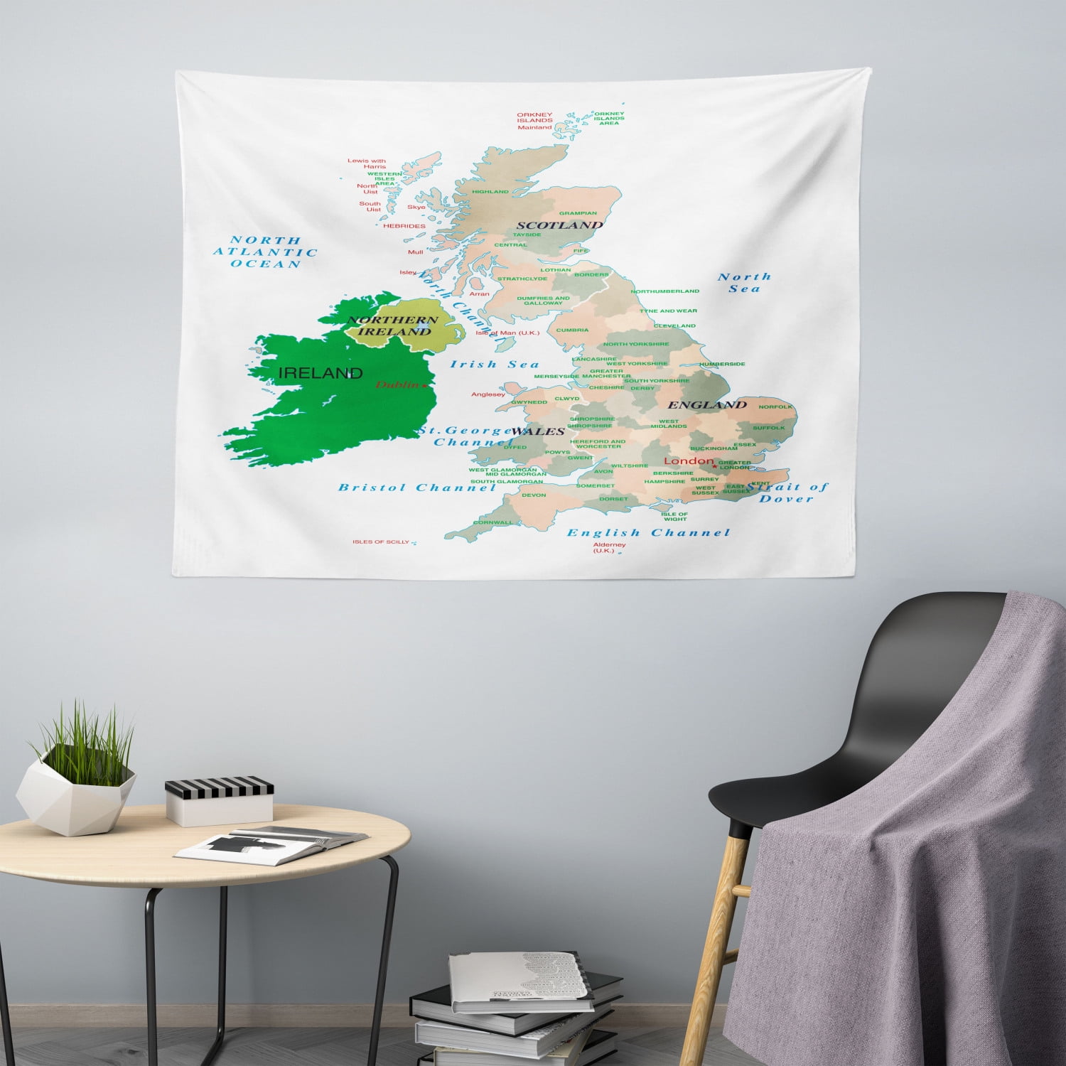 Ireland Map Tapestry, Info-Graphics with Names of Countries and Seas Indicated English Channel 