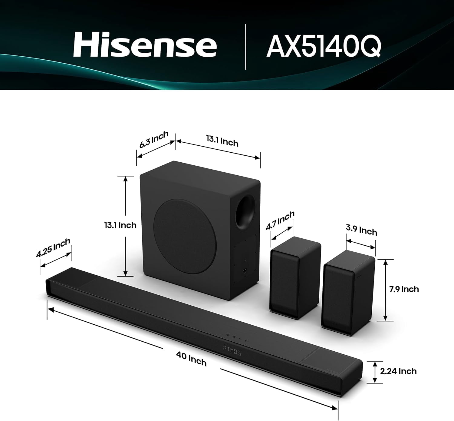 Hisense AX5140Q 5.1.4Ch Sound Bar with Wireless Subwoofer, Dolby Atmos, DTS:X, Bluetooth 5.3, Roku TV Ready, HDMI/AUX/ARC/Optical/USB, EzPlay, 7 EQ Modes (B Grade)