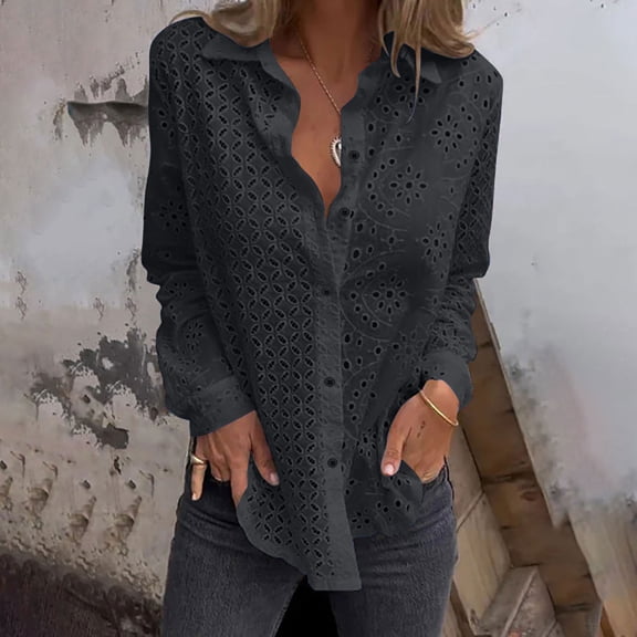 Blmnix Long Sleeve Womens Tops Trendy Black Simple Eyelet Casual Solid Blouse Tops for Lady 2024