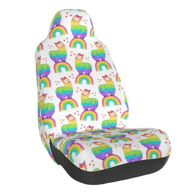 Wukai Rainbow Llama Full Set Car Seat Covers with Soft Padding Universal Auto Front Seats Protector and Cushion Mat