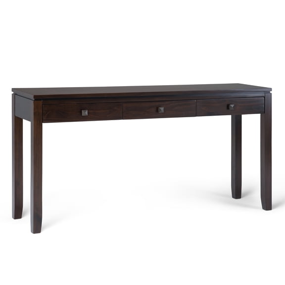 Simpli Home Cosmopolitan 60 inch Wide Solid Wood Contemporary Wide Console Sofa Table in Mahogany Brown
