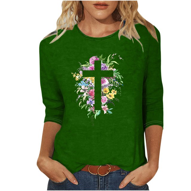 Blouse pour Femmes T-shirt Imprimé Manches 3/4 Blouse Col Rond Hauts Décontractés