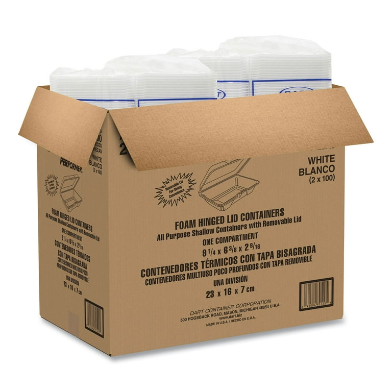 Foam Hinged Lid Containers, 6.4 x 9.3 x 2.6, White, 200/Carton Foam Hinged Lid Containers, 6.4 x 9.3 x 2.6, White, 200/Carton