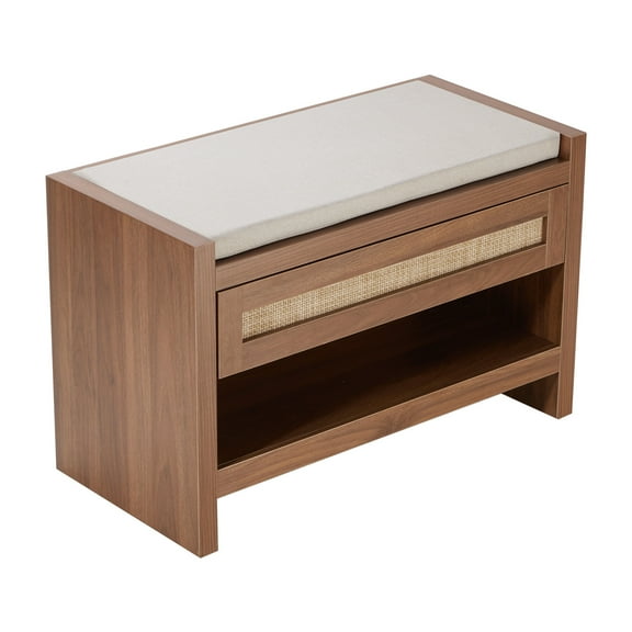 KFFKFF Wicker Bench, 30.9" Wicker Shoe Bench, Foyer Bench with Storage Drawer and Cotton Seat Cushion, Rustic Chic Bench with Handcrafted Wicker, for Foyer, Bedroom, Living Room, Kitchen