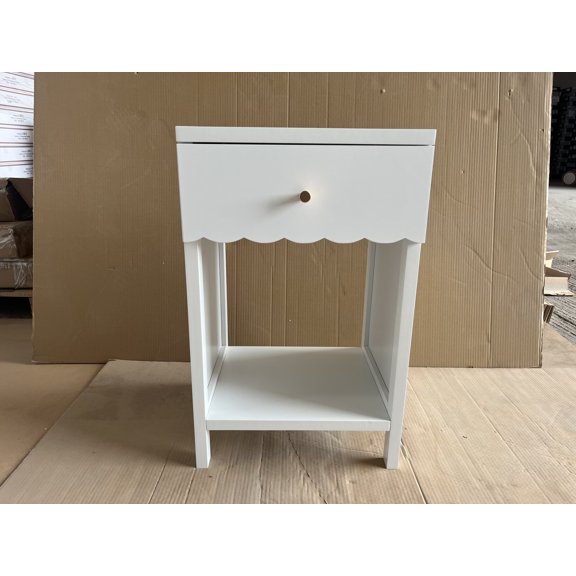 Modern White Nightstand with Scalloped Edge Design, Storage Drawer & Open Shelf, Compact Bedroom Side Table for Kids Rooms or Girls' Bedrooms, Easy Assembly