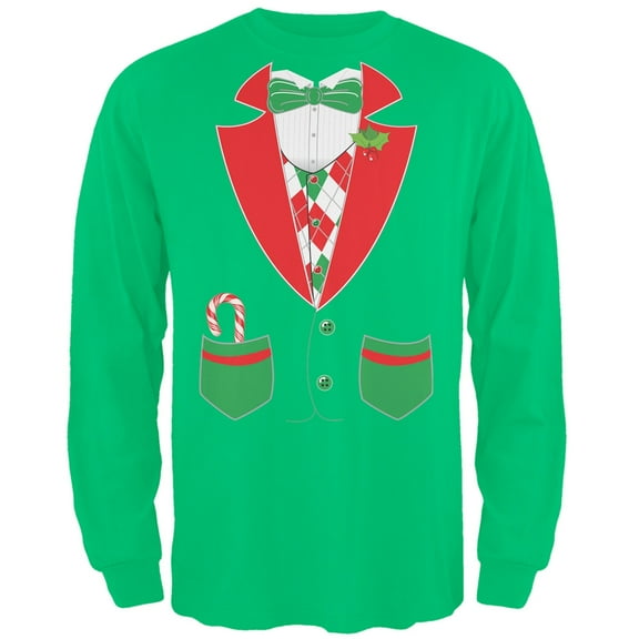 Christmas Tuxedo Costume Green Adult Long Sleeve T-Shirt - 2X-Large