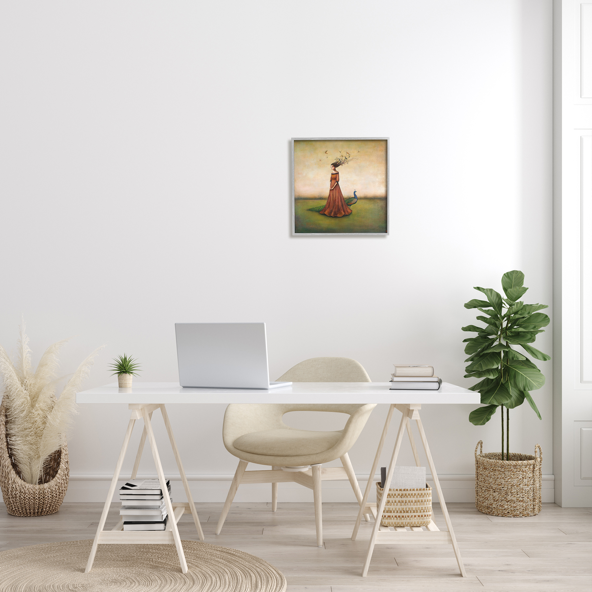Beauty and Birds in Her Hair Woman and Peacock Illustration Abstract Framed Art Print Wall Art, 17x17