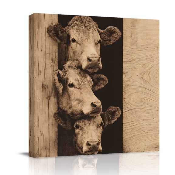 Brown Rustic Cow Canvas Wall Art for Living Room, Farmhouse Animal Traditional Wood Panel Poster Print Painting for Bedroom Office Home Decoration Wall Pictures Prepare To Hang 16"x16"