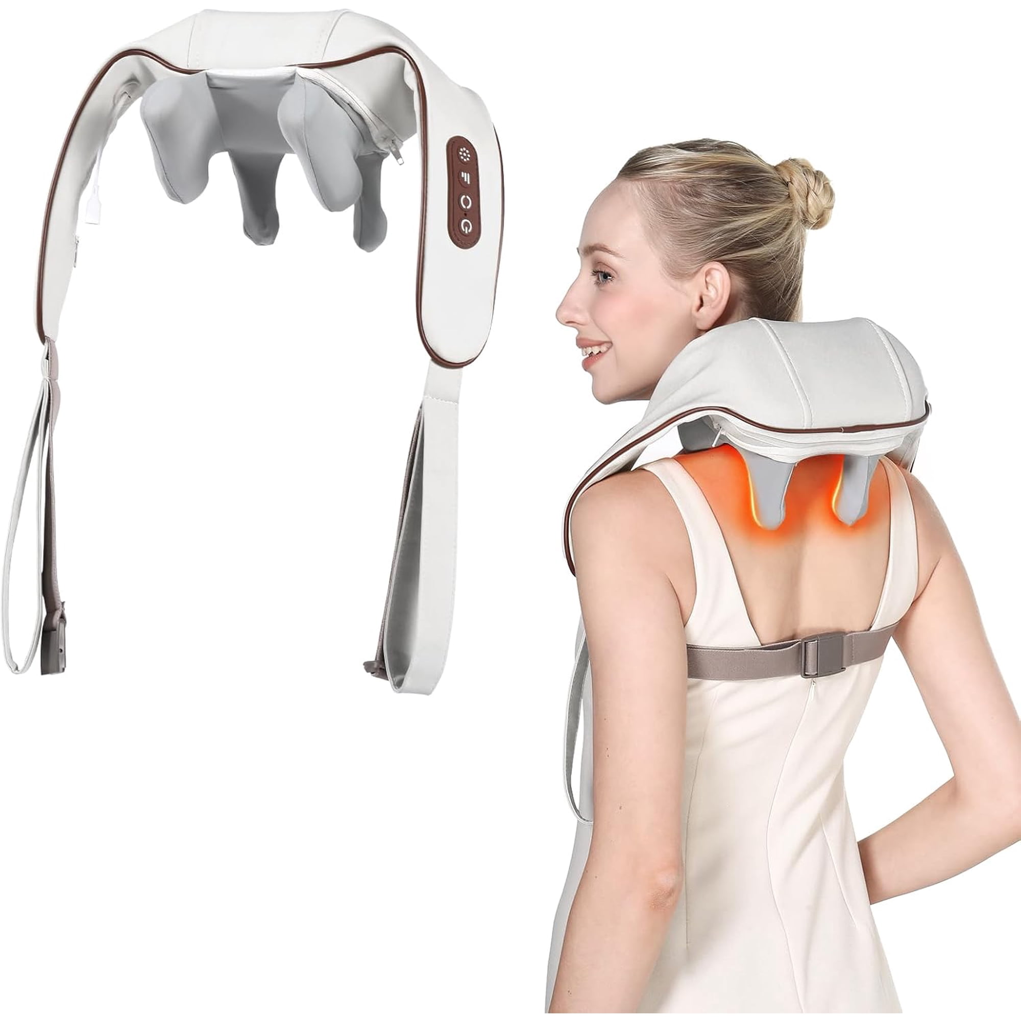 Hands-Free Shiatsu Neck and Shoulder Massager with Heat, Cordless 4D Deep Kneading Back Massager Pillow for At-Home Relaxation, Pearly White