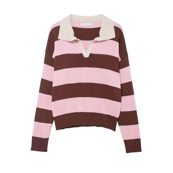 Women's Striped Collar V-Neck Long Sleeve Pullover Knit Sweater for Fall and Winter