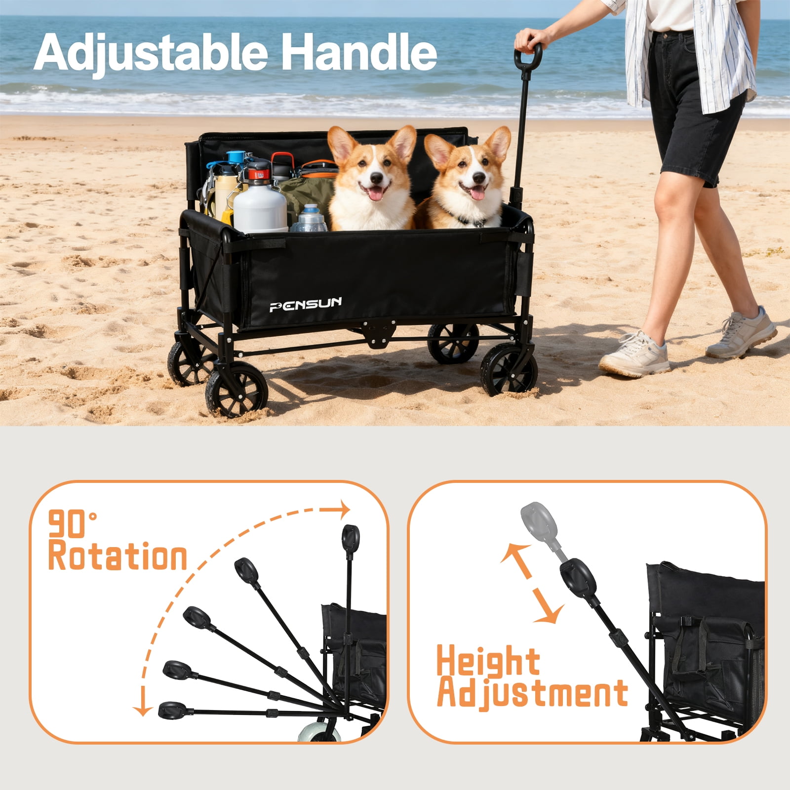 HOUGEET 2-in-1 Foldable Beach Wagon Chair, Heavy Duty Wagon Cart with 7'' All-Terrain Wheels, Convertible Wagons Carts Bench Seat for Adults, Camping & Outdoor Use (Black)