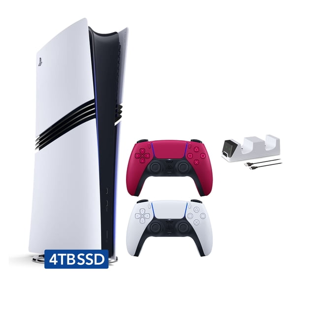 PlayStation 5 Pro 4TB SSD Digital Console with Two Controllers, White and Cosmic Red DualSense and Mytrix Dual Controller Charger - Flagship PS5 Pro Console