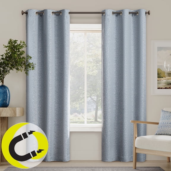 Sun Zero Serenity 2-pack Abstract Magnetic Closure 100% Blackout Grommet Curtain Panel Pair, 36"W x 84"L, Light Blue