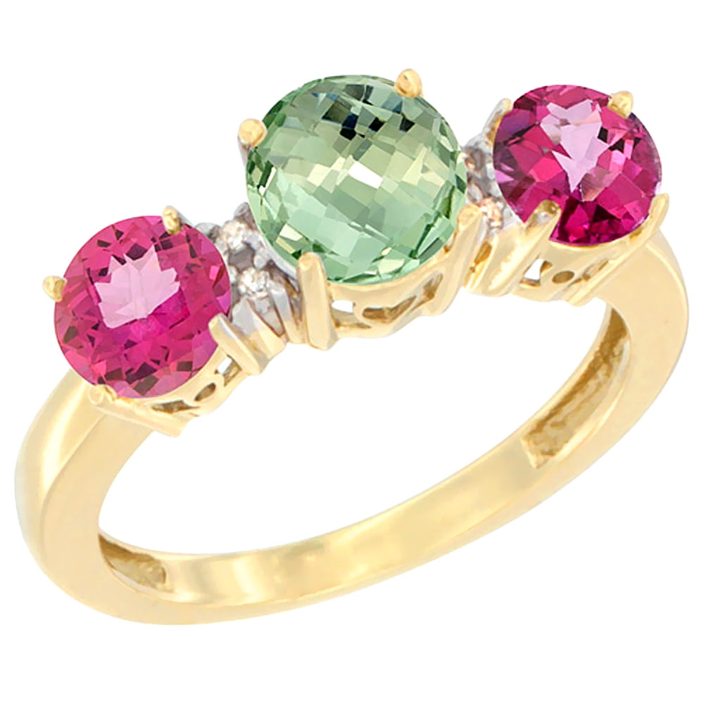 10K Yellow Gold Round 3-Stone Natural Green Amethyst Ring & Pink Topaz Sides Diamond Accent, sizes 5 10 by WorldJewels