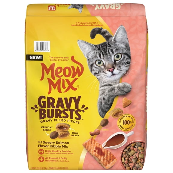 Meow Mix Gravy Bursts, Savory Salmon Flavor Kibble Mix, Gravy Filled Dry Cat Food, 13.5 lb. Bag